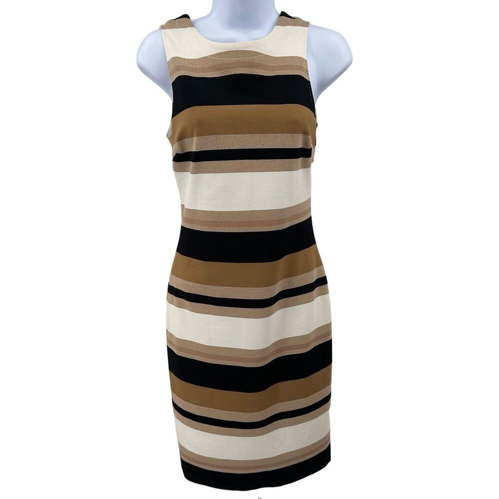 Banana Republic White/Gold/Black Short Dress WMNS Sz 0 Mini Crew Neck Striped